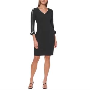 CALVIN KLEIN Black Dress W/ White Trim And Bows Sz 8 EUC Office Or Evening Wear